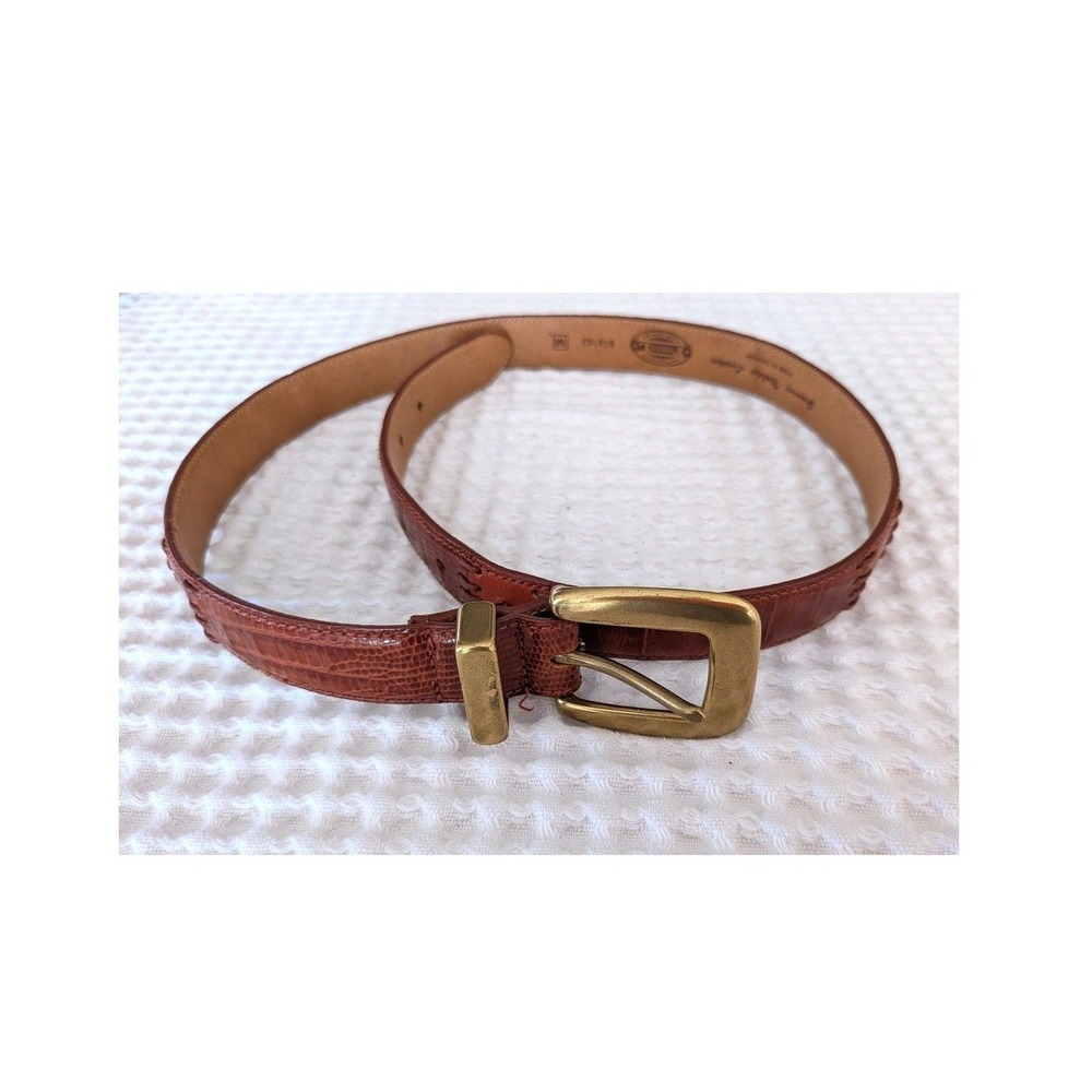 Vintage Cognac Lizard Embossed Italian Leather Belt Brass Buckle M
